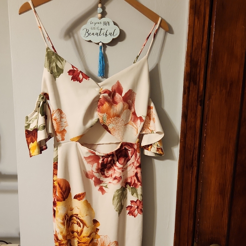 Fashion Nova Asymmetrical Floral Dress - Cream and Red